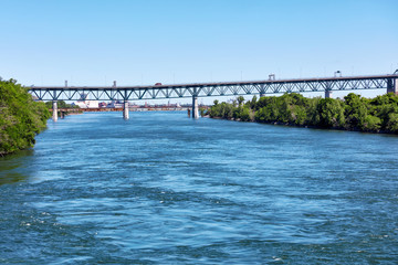 Pont jacques cartier bridge on Saint Lawrence River in Montreal, Quebec, Canada.