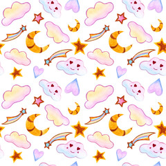 seamless design. clouds. watercolor. stars. comet. moon. hearts