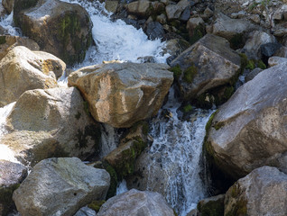 Naklejka na ściany i meble mountain wooded waterfall among the rocks in summer