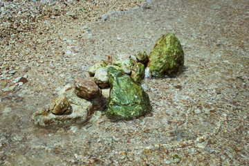 child playing on the beach and building stone tower. stones on the beach