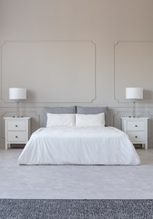 Fototapeta na wymiar New york style bedroom interior with symmetric design, copy space on empty grey wall