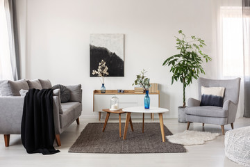 Elegant white and grey living room interior with abstract painting on the wall