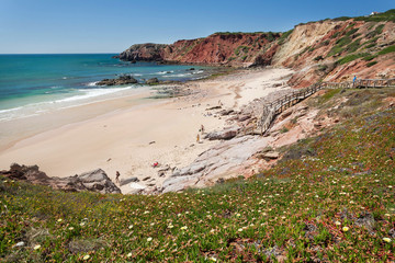 Wild beach on seaside of Portugal. Sunny sand area and ocean waves at nice day