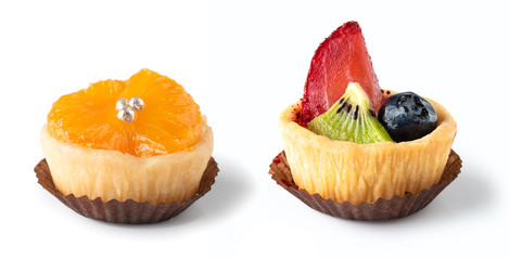 Homemade fruit tart with orange strawberries kiwi and blueberries isolated on white background