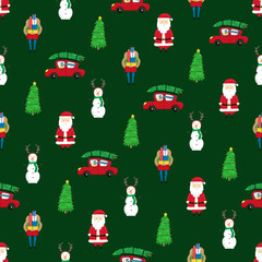 Christmas seamless pattern with Christmas trees, Santa Claus and snowmen.