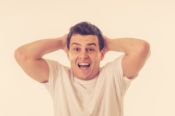 Close up portrait of surprised and happy man celebrating victory and wining lottery