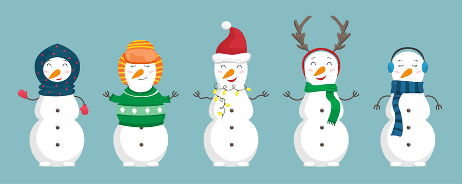 Set of snowmen in the christmas clothes. Flat cartoon illustration.