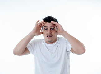 Fototapeta premium Human expressions and emotions. Concern scared shocked adult man with a terrified facial expression