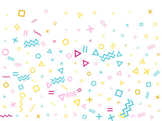 Simple 80s style bauhaus pink cyan gold party confetti flying on white.