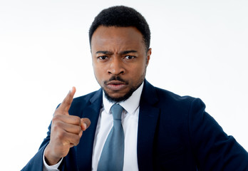 Close up of Angry young businessman boss accusing, blaming or threatening employee