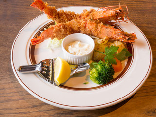  Shrimp tempura with Vegetable  on Wooden background