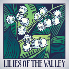 Flowers lilies of the valley in graphic style and painted in color