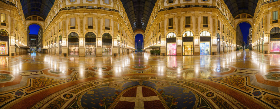 Galleria Vittorio Emanuele II interior at night in Milan city, Italy