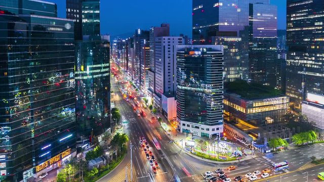 Traffic at Night in Gangnam Square  Seoul City,South Korea.Timelapse 4k