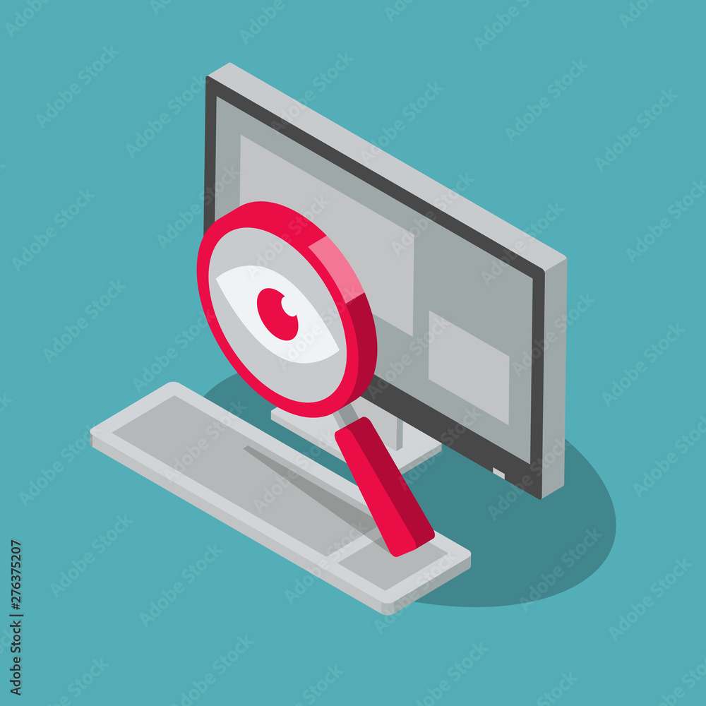 Poster spyware internet cyber attack symbol with spy magnifier and desktop computer, isolated on blue backg