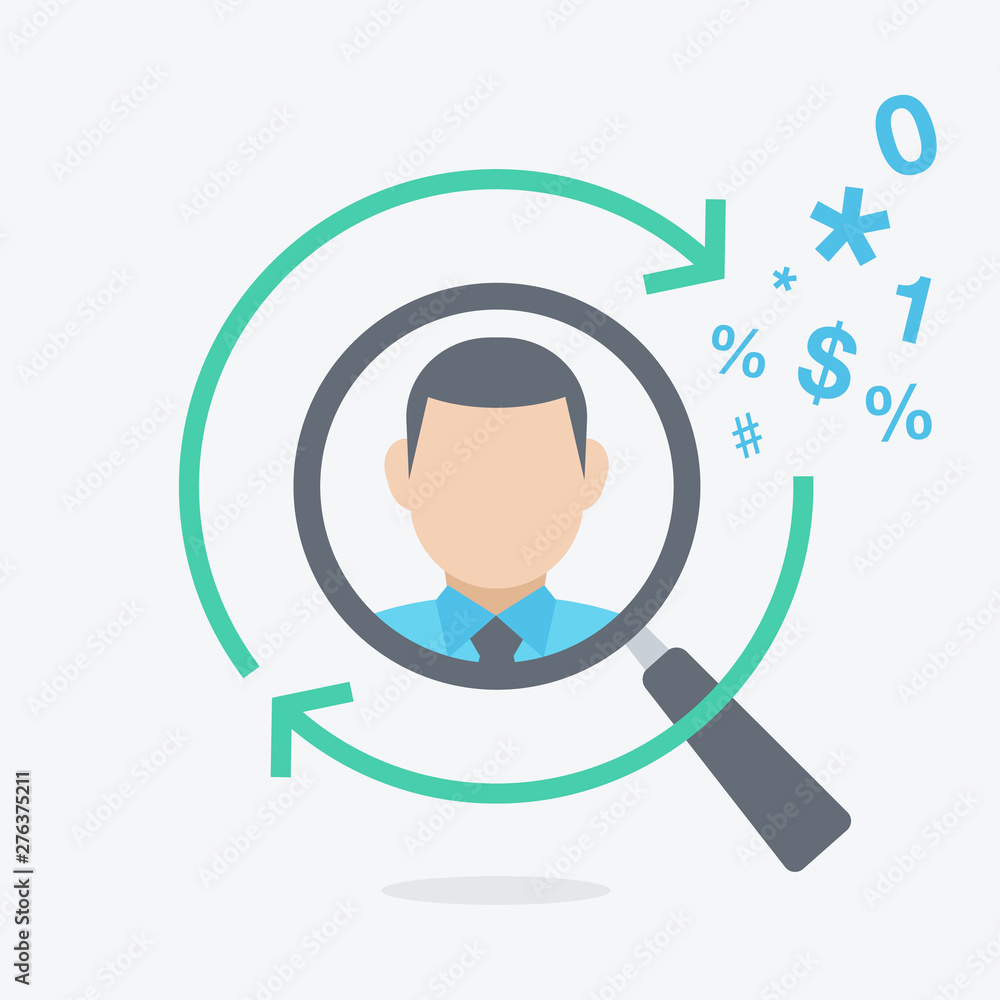 Poster Head hunting and recruitment flat symbol with a magnifier looking for new employee or key person. Easy to use for your website or presentation.