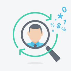 Head hunting and recruitment flat symbol with a magnifier looking for new employee or key person. Easy to use for your website or presentation.