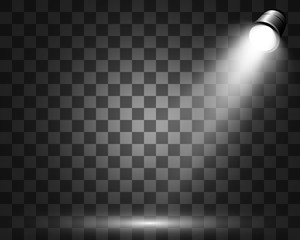 Podium with a spotlight on a dark background, first place, fame and popularity. Vector illustration. Realistic podium illuminated by spotlights.