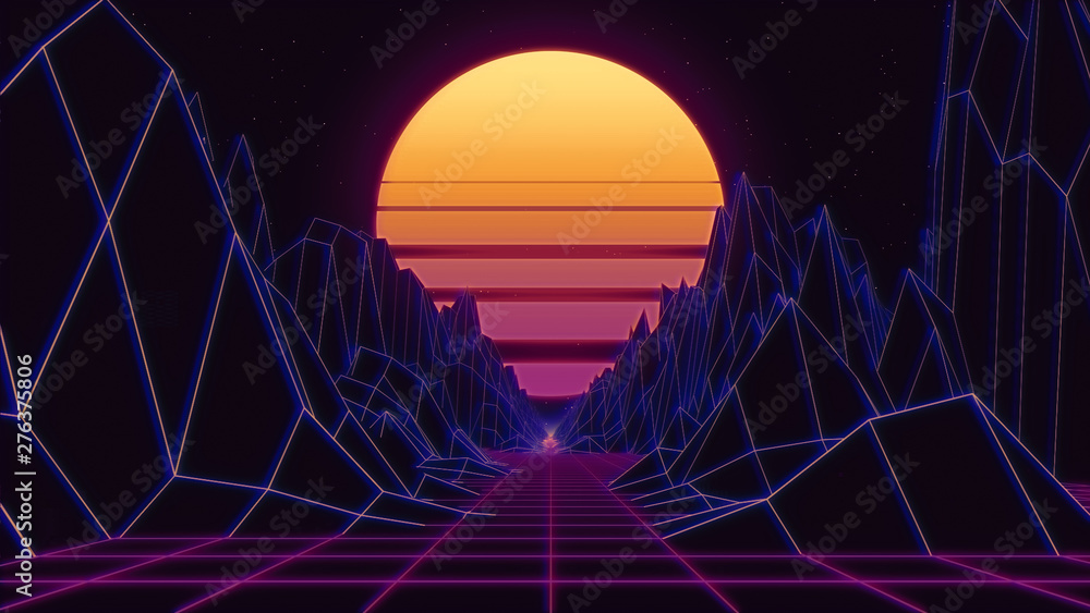 Aufkleber retro radial sun rising abstract with a background neon 3d prescriptive bridge or grid render - illu