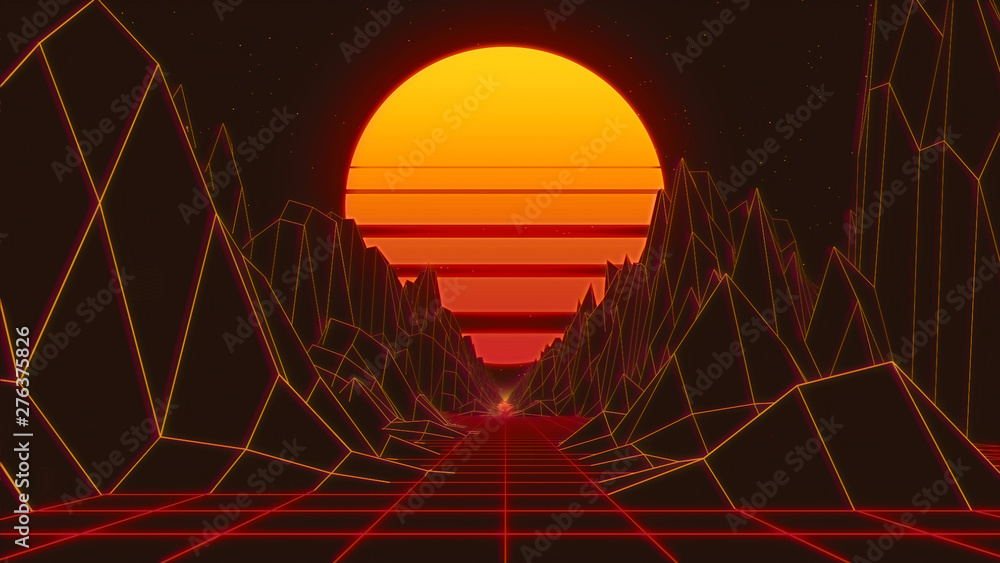 Poster retro radial sun rising abstract with a background neon 3d prescriptive bridge or grid render - illu