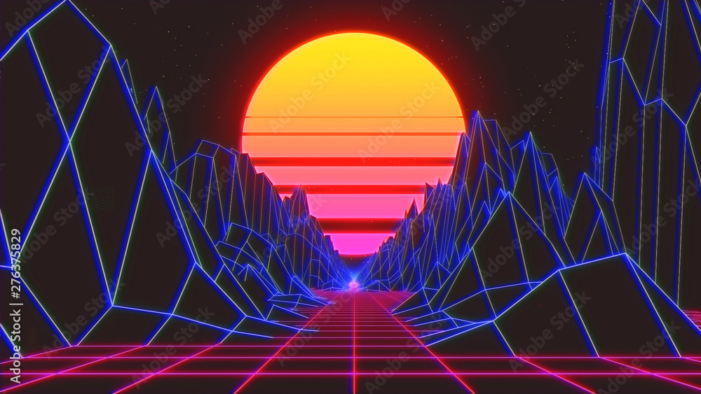 Poster retro radial sun rising abstract with a background neon 3d prescriptive bridge or grid render - illu