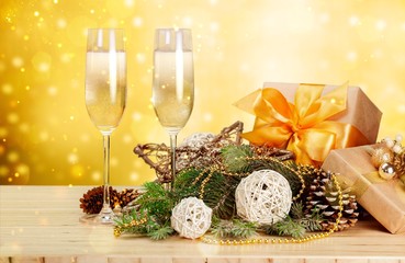 Champagne Glasses with Christmas Decorations and Presents