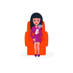 Woman sitting in a chair with smartphone. Message on a smartphone, communication and education online. Business communication at home