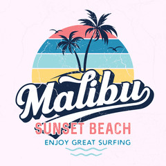Malibu Sunset Beach - Tee Design For Printing - obrazy, fototapety, plakaty