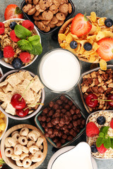 Cereal. Bowls of various cereals, berries and milk for breakfast. Muesli with kids cereals.