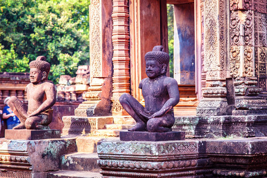 Karuda Bird Gardians Carvings at Banteay Srei Red Sandstone Temple, Cambodia