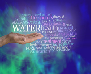 Life Giving Water Word Tag Cloud - male open palm hand with the word WATER floating above...