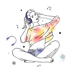 Vector hand drawn graphic illustration of cute watercolor girl, headphones, blots, drops. Black and white silhouette of beautiful woman in free seat pose, listen music. Sketch drawing, doodle style.