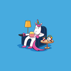 Unicorn is sitting relaxing with popcorn