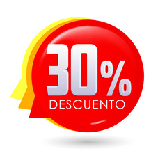 30% Descuento, 30% discount spanish text, bubble sale tag vector illustration, Offer price label.
