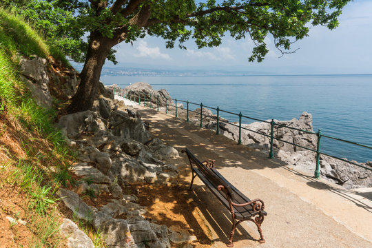 bench on the boulevard along the Adriatic Sea. Path between Opatija and Lovran, Croatia