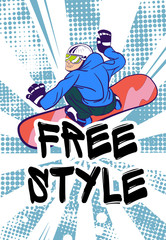 Snowboard poster design with cartoon male character and decorate text.