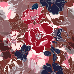 Flower vector illustration with burgundy roses and leaves.