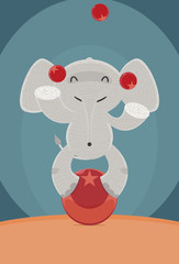 Fully editable vector illustration of a cute elephant performing a juggling act with tree balls while standing on a giant red ball