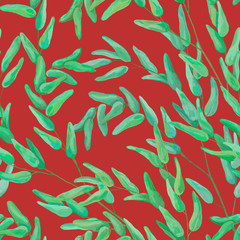 Seamless pattern. Botanical drawings with acrylic paints. Beautiful eucalyptus branches on a red background. Picturesque gentle wallpaper. Vintage style. Eucalypt realistic drawing.