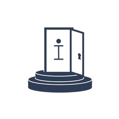 Podium. Opened door. Information icon. Open information resource. Vector icon, white background.