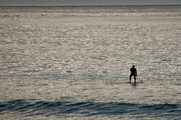 Paddle boarding at dusk, Monterey Bay, California 