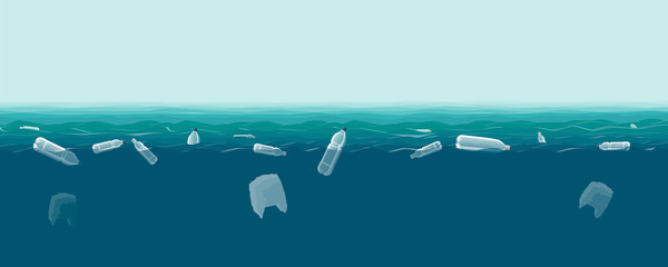 Plastic bottles and bags in the sea. Pollution of the World ocean by plastic waste. Vector illustration © scharfsinn86