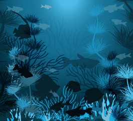 Fototapeta na wymiar Underwater background with tropical fish, vector illustration