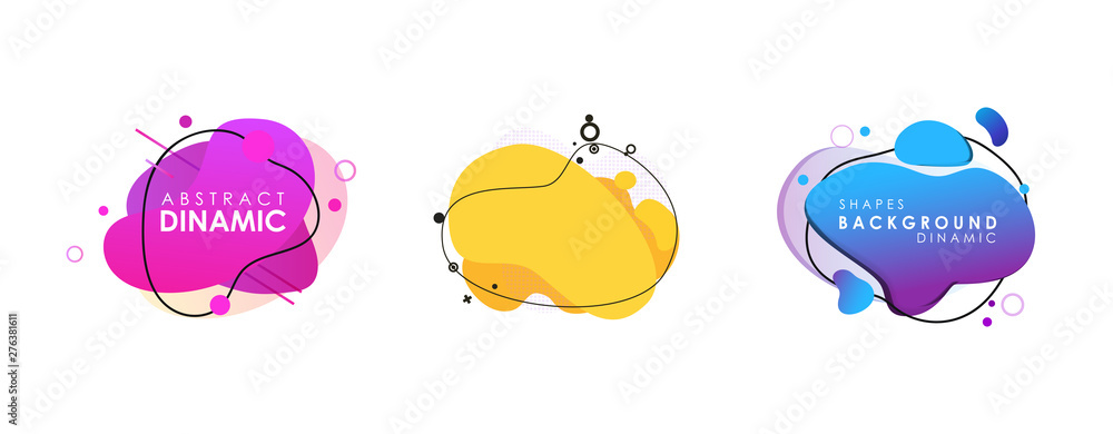 Poster abstract flowing shape set. purple, pink, yellow, blue fluid forms and lines. layers, blobs, text sa