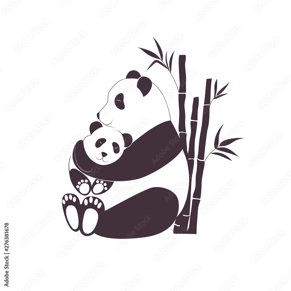 Wall mural panda mother hugging baby panda, love between mom and her child, caring and nursery concept