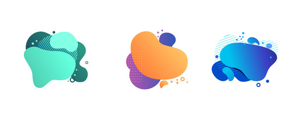 Abstract fluid form set. Orange, violet, cyan, blue hatched shapes. Flowing liquid, dynamical forms, overlays, hatched texture. Vector illustration for banner, poster, logo, cover design