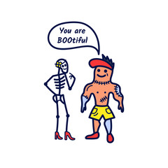 Athletic zombie make a compliment to the girl skeleton.