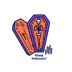Skeleton in a coffin with the inscription happy halloween.