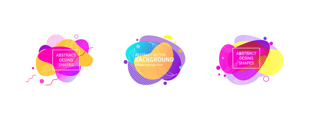 Liquid abstract element set. Blue, purple, yellow, pink, violet fluid forms with hatching, wavy lines and leaf contours. Transparent layers, paper style. Vector template for flyers, posters, logos