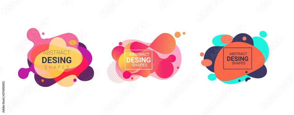 Poster multicolored modern geometric abstract elements set. dynamical colored forms and lines. flowing liqu